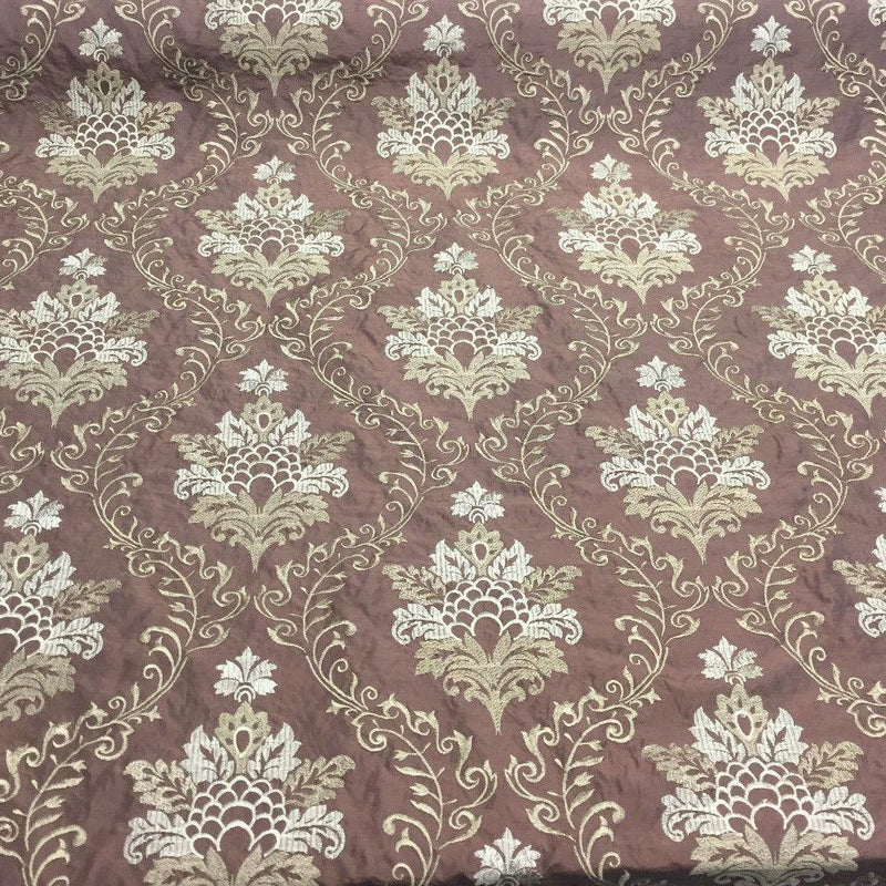 Brown Gold Damask Embroidered Faux Silk Polyester Fabric - Brown Gold Damask, 58" Width (1 Yard)
