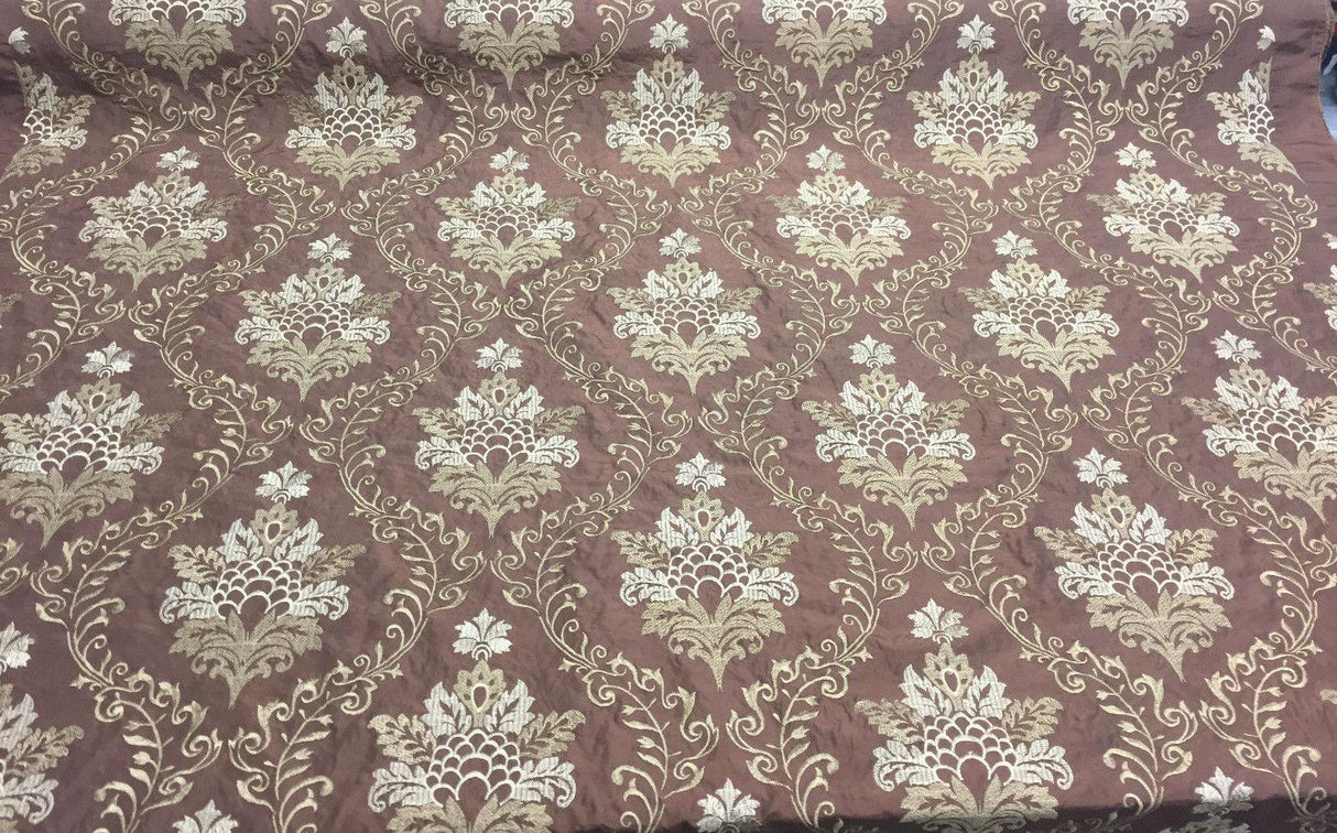 Brown Gold Damask Embroidered Faux Silk Polyester Fabric - Brown Gold Damask, 58" Width (1 Yard)