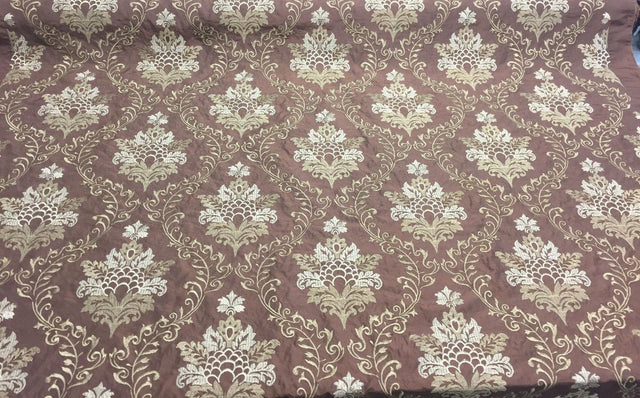 Brown Gold Damask Embroidered Faux Silk Polyester Fabric - Brown Gold Damask, 58" Width (1 Yard)