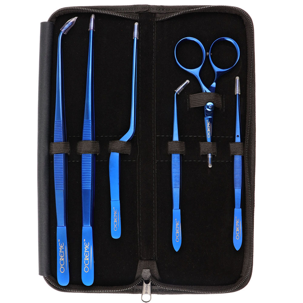 O'Creme Blue Stainless Steel Tweezers & Scissors, Set of 6