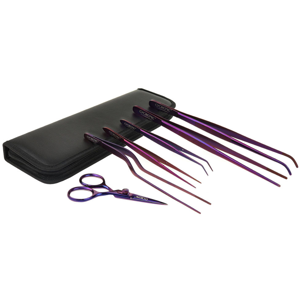 O'Creme Purple Stainless Steel Tweezers & Scissors, Set of 6