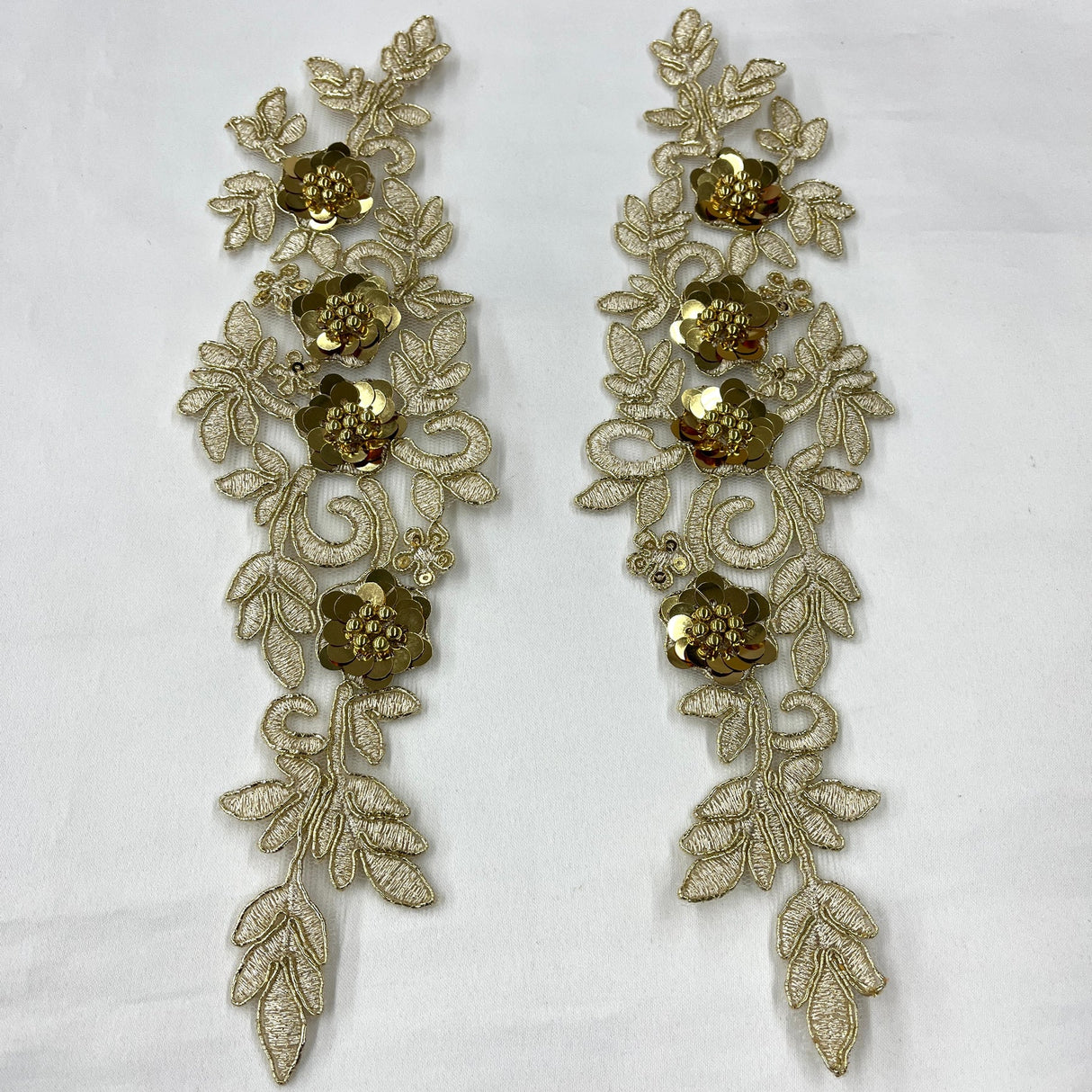 1 Pair 11" x 3" Each Side Beaded & Corded Floral 3D Lace Applique 100% Polyester Net Mesh