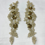 Beaded Corded Floral 3D Lace Applique Polyester Fabric - Floral Embroidered Net Mesh, 11" X 3" Wide Each Side (1 Pair)