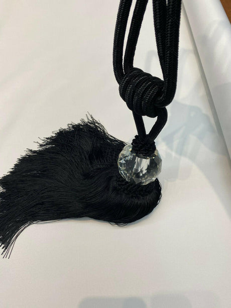 Black Crystal Tassel Curtain Tiebacks - Polyester Cotton Fabric, Black, Double-Corded, 31" Length (1 Piece)