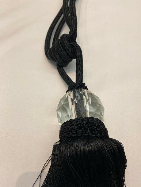 Black Crystal Tassel Curtain Tiebacks - Polyester Cotton Fabric, Black, Double-Corded, 31" Length (1 Piece)