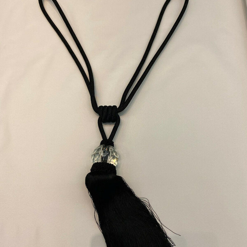 Black Crystal Tassel Curtain Tiebacks - Polyester Cotton Fabric, Black, Double-Corded, 31" Length (1 Piece)