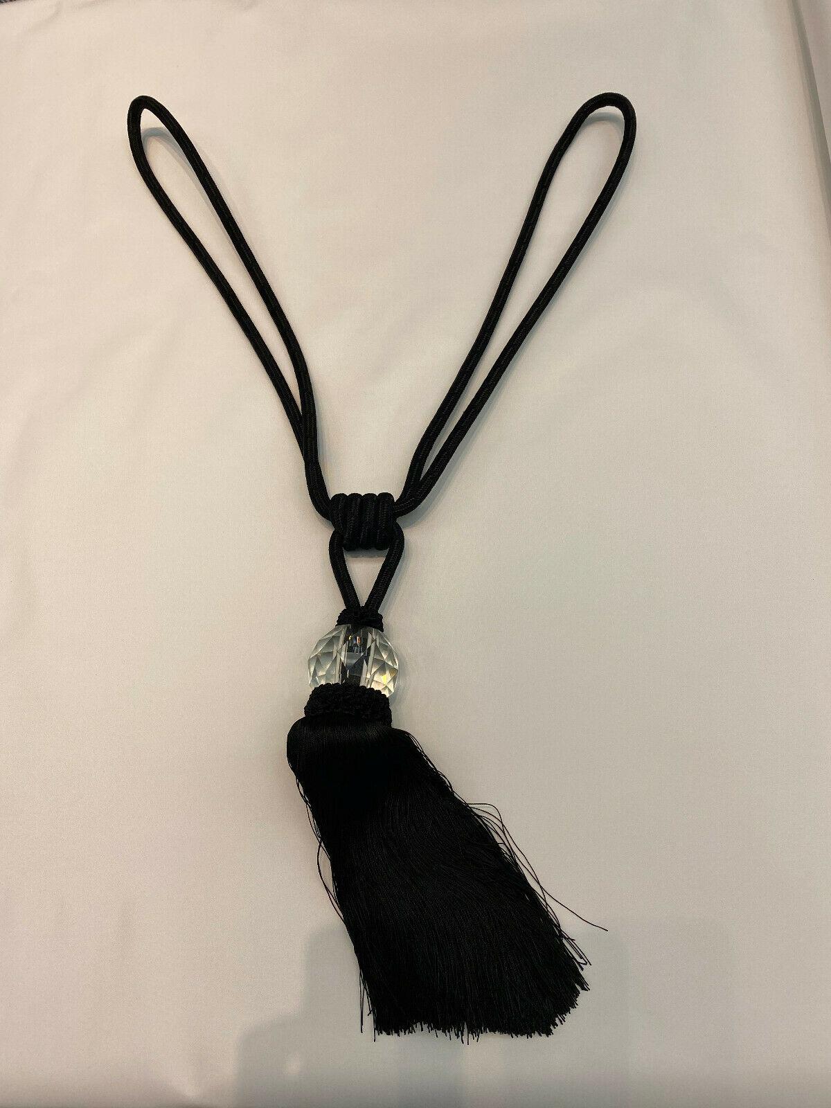 Black Crystal Tassel Curtain Tiebacks - Polyester Cotton Fabric, Black, Double-Corded, 31" Length (1 Piece)