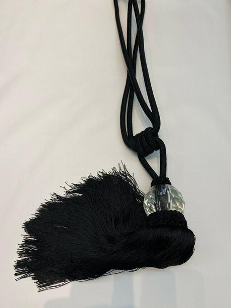 Black Crystal Tassel Curtain Tiebacks - Polyester Cotton Fabric, Black, Double-Corded, 31" Length (1 Piece)