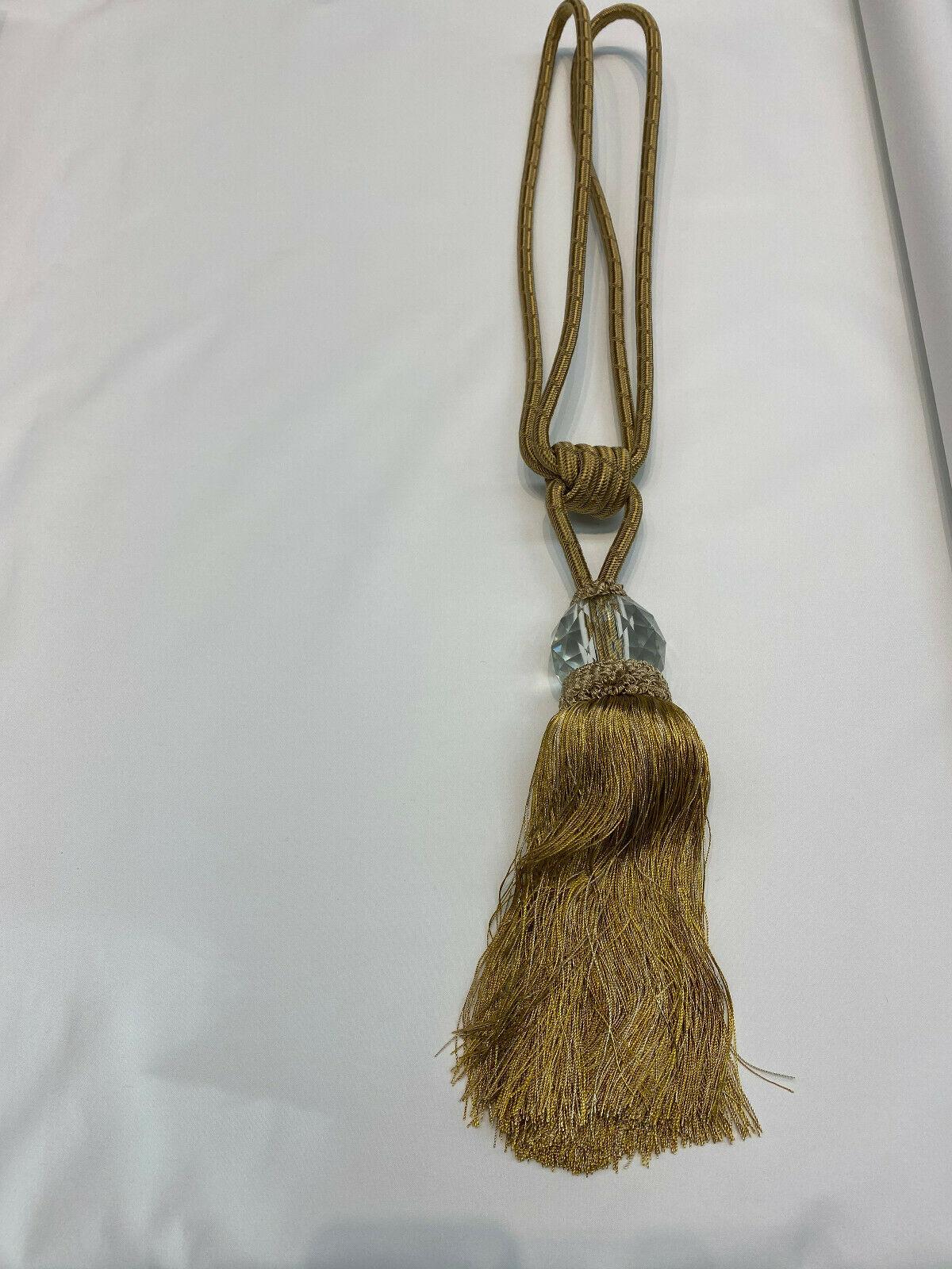 Gold Crystal Tassel Curtain Tiebacks - Polyester Cotton Fabric - Gold, Double-Corded, 31" Length (1 Piece)