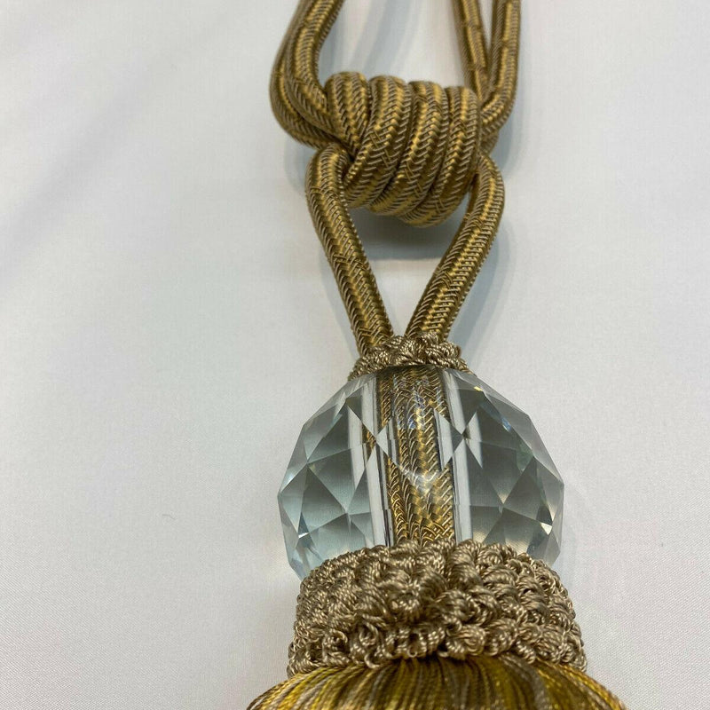 Gold Crystal Tassel Curtain Tiebacks - Polyester Cotton Fabric - Gold, Double-Corded, 31" Length (1 Piece)