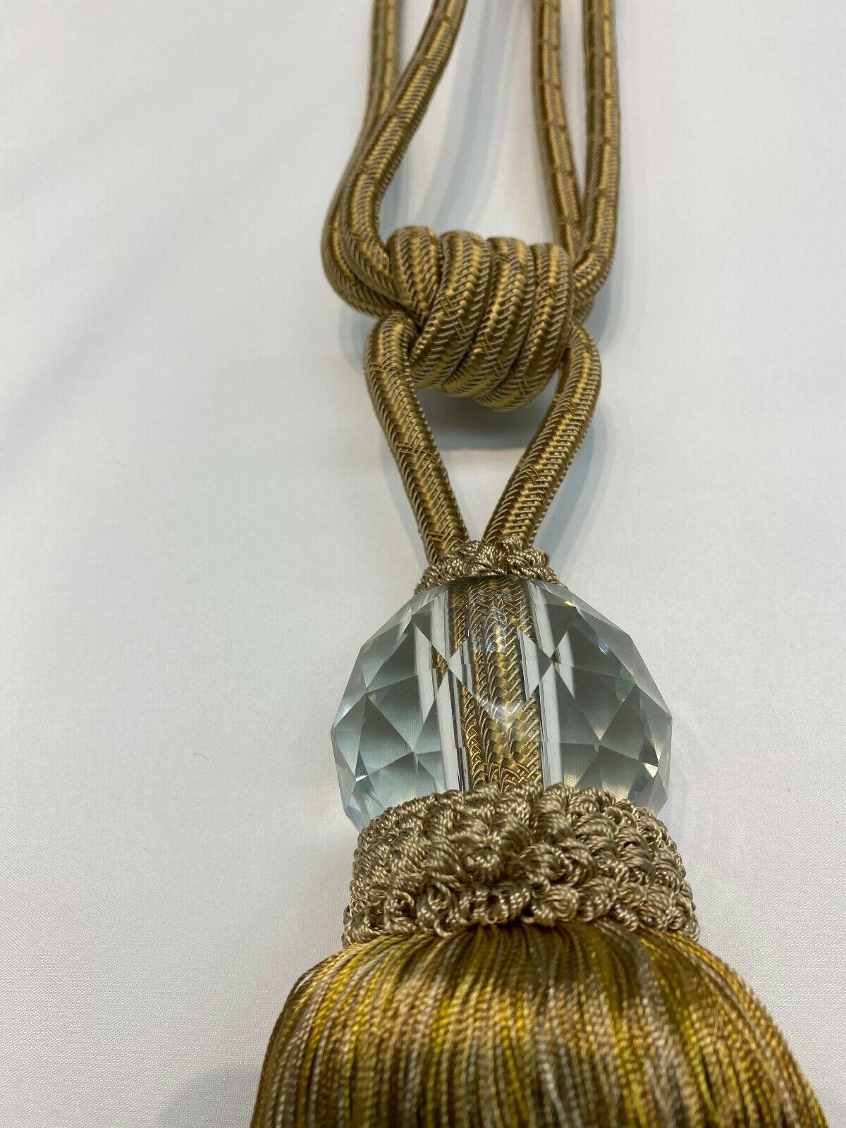Gold Crystal Tassel Curtain Tiebacks - Polyester Cotton Fabric - Gold, Double-Corded, 31" Length (1 Piece)