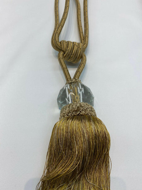 Gold Crystal Tassel Curtain Tiebacks - Polyester Cotton Fabric - Gold, Double-Corded, 31" Length (1 Piece)