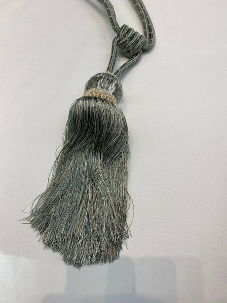 Aqua Blue Crystal Tassel Curtain Tiebacks - Polyester Cotton Fabric, Aqua Blue, Double-Corded, 31" Length (1 Piece)