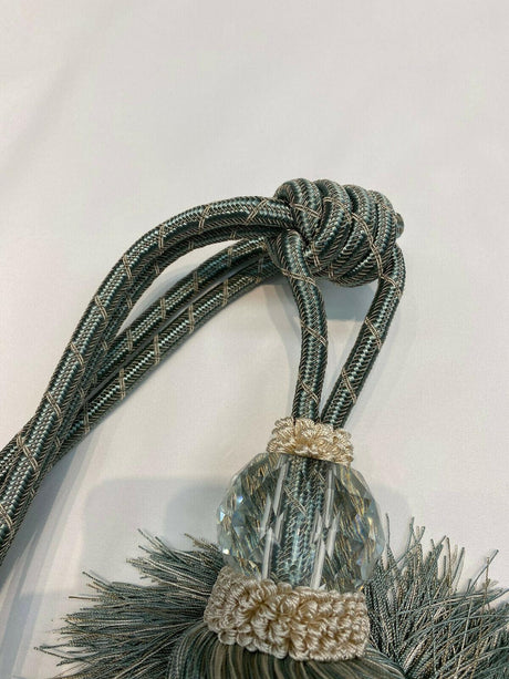 Aqua Blue Crystal Tassel Curtain Tiebacks - Polyester Cotton Fabric, Aqua Blue, Double-Corded, 31" Length (1 Piece)