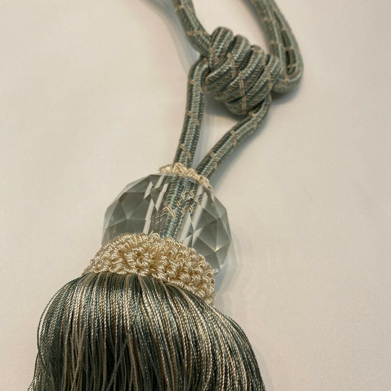 Aqua Blue Crystal Tassel Curtain Tiebacks - Polyester Cotton Fabric, Aqua Blue, Double-Corded, 31" Length (1 Piece)
