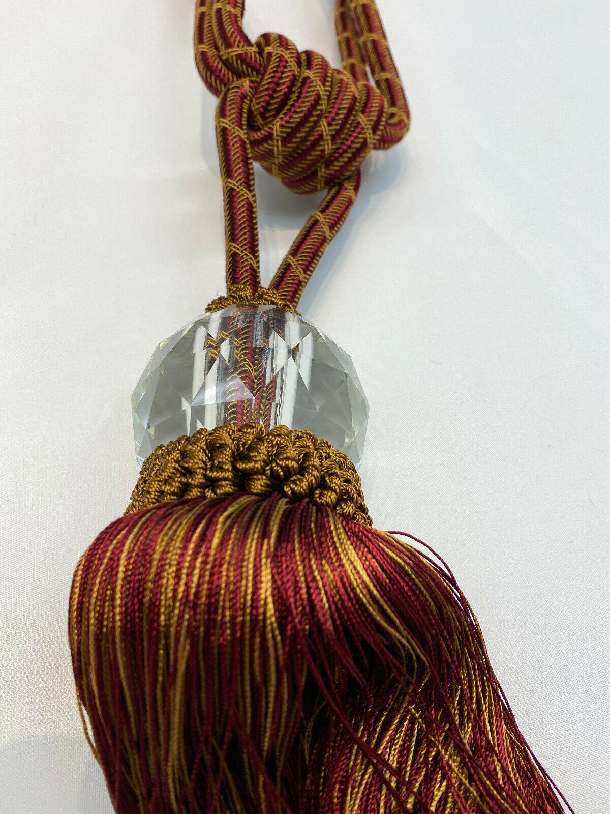 Red Gold Crystal Tassel Curtain Tiebacks - Polyester Cotton Curtain Fabric, Red And Gold, 31" Length (1 Piece)