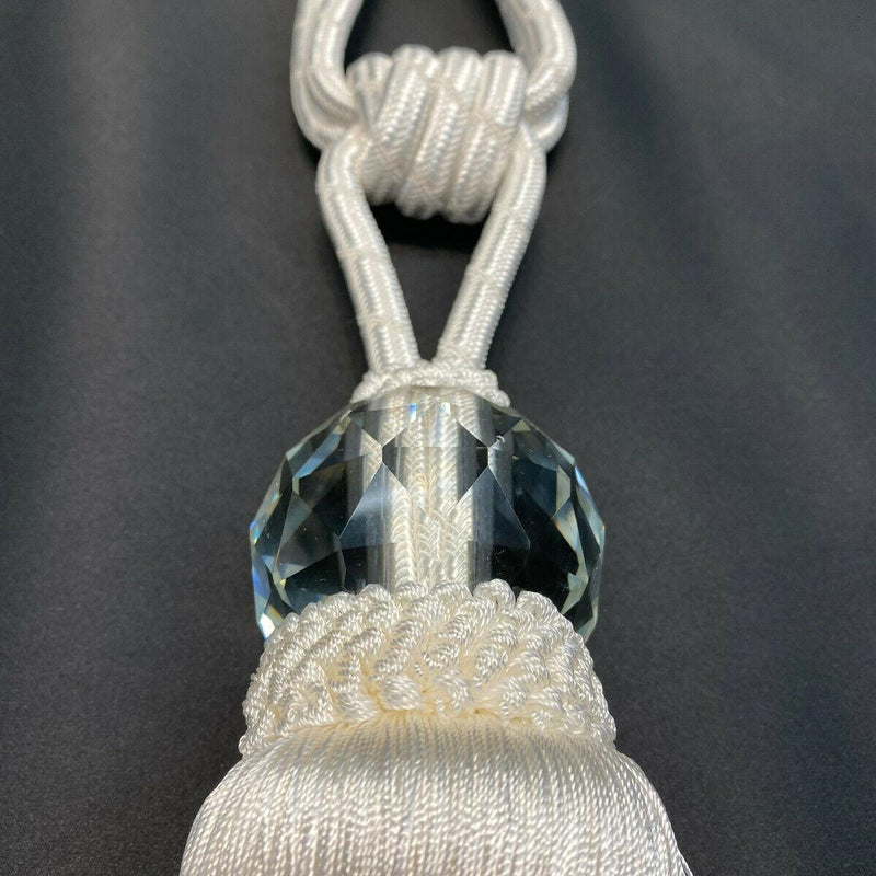 White Crystal Tassel Curtain Tiebacks Polyester Cotton Fabric - White, Double-Corded, 31" Length (1 Piece)