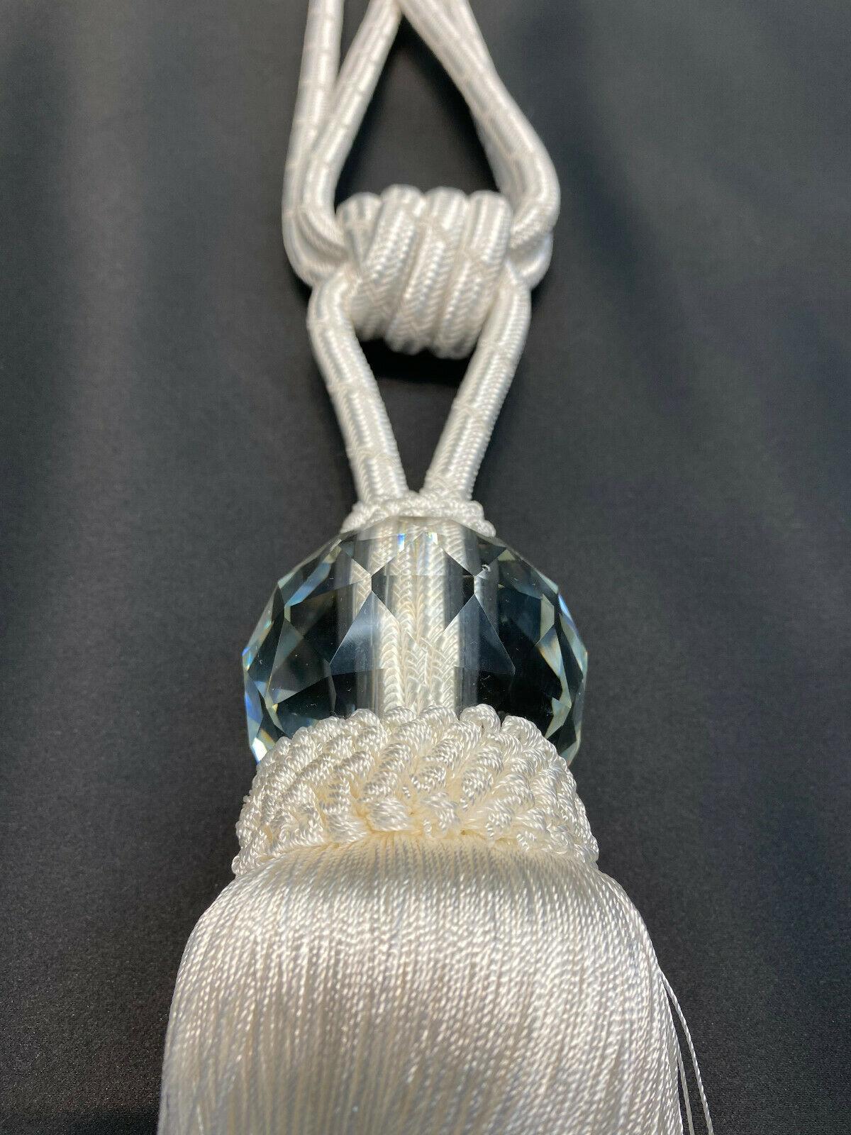 White Crystal Tassel Curtain Tiebacks Polyester Cotton Fabric - White, Double-Corded, 31" Length (1 Piece)