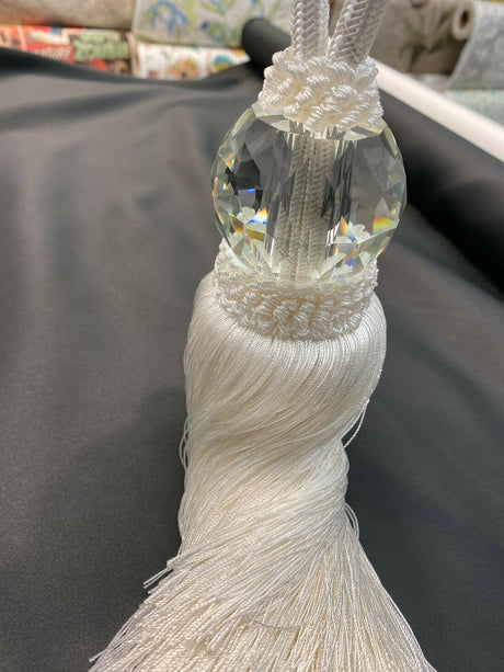 White Crystal Tassel Curtain Tiebacks Polyester Cotton Fabric - White, Double-Corded, 31" Length (1 Piece)