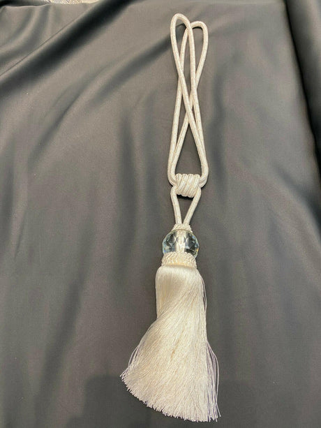 White Crystal Tassel Curtain Tiebacks Polyester Cotton Fabric - White, Double-Corded, 31" Length (1 Piece)