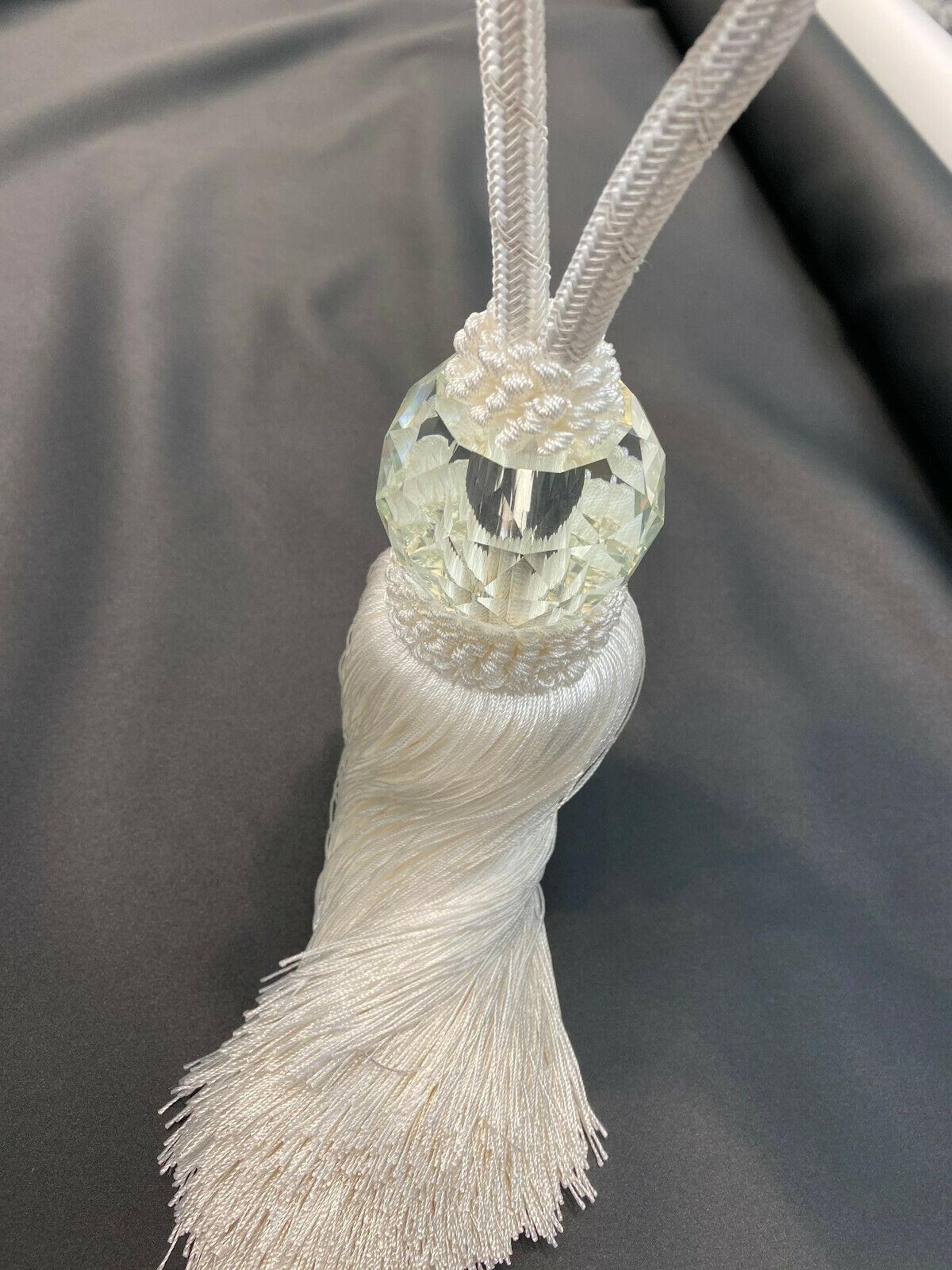 White Crystal Tassel Curtain Tiebacks Polyester Cotton Fabric - White, Double-Corded, 31" Length (1 Piece)