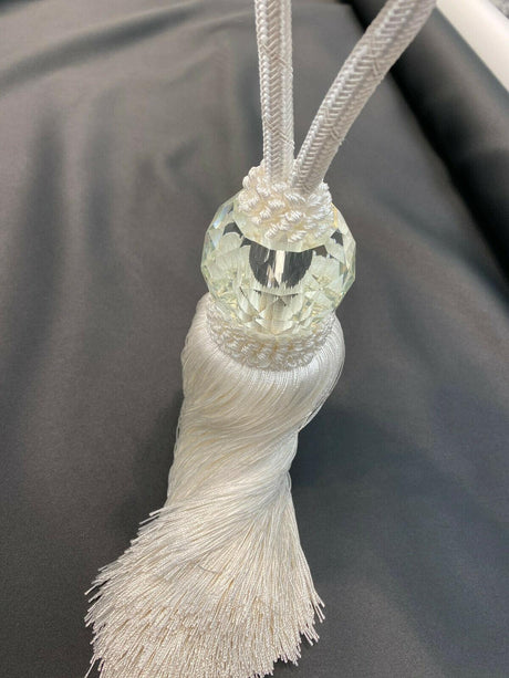 White Crystal Tassel Curtain Tiebacks Polyester Cotton Fabric - White, Double-Corded, 31" Length (1 Piece)