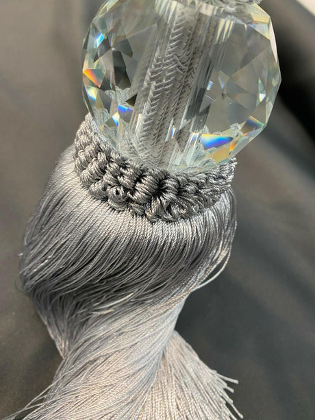 Silver Crystal Tassel Curtain Tiebacks Polyester Cotton Fabric - Silver, Double-Corded, 31" Length (1 Pair)