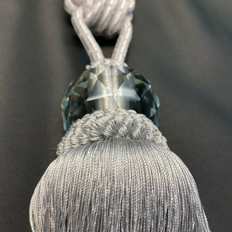 Silver Crystal Tassel Curtain Tiebacks Polyester Cotton Fabric - Silver, Double-Corded, 31" Length (1 Pair)