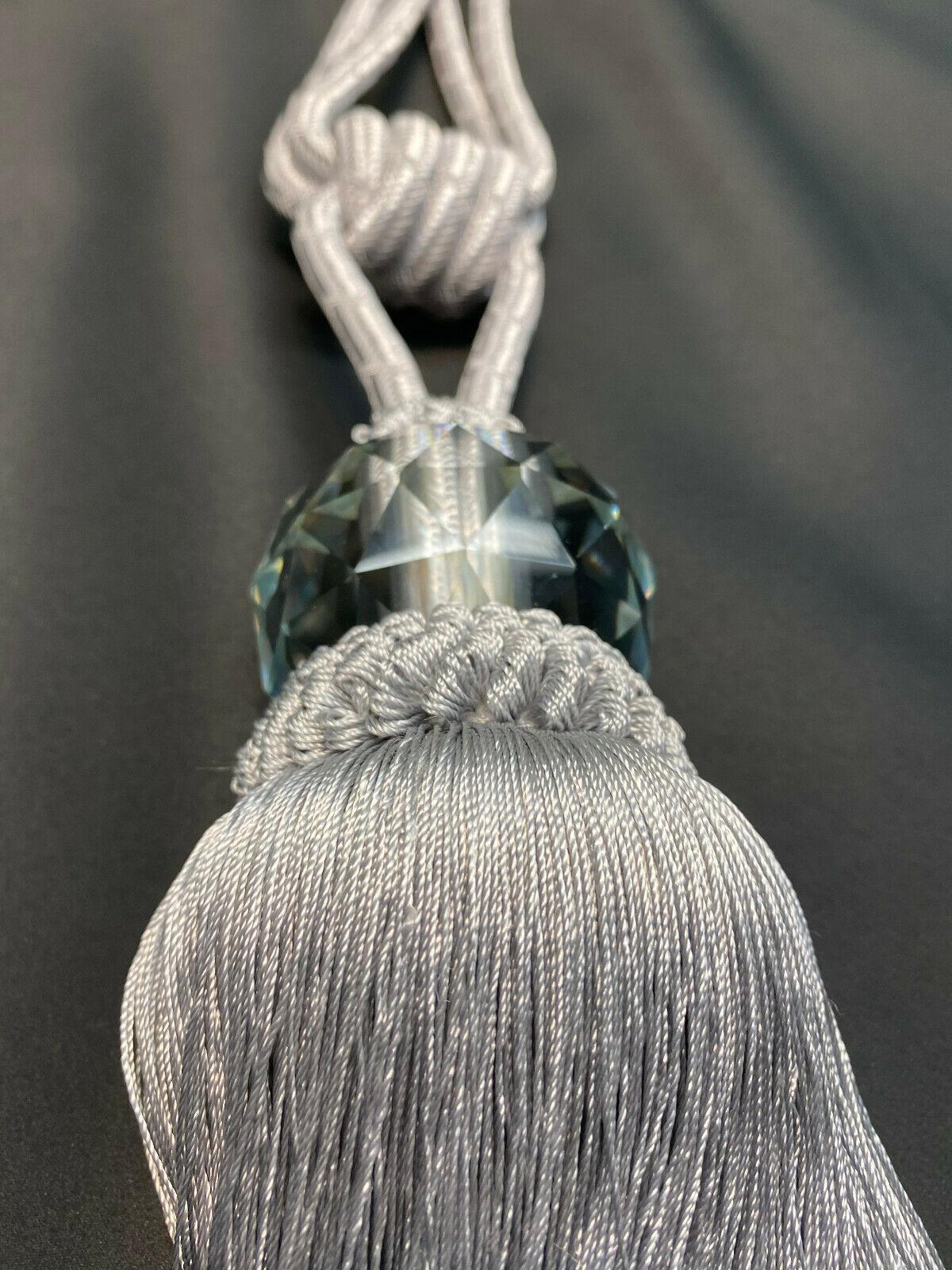 Silver Crystal Tassel Curtain Tiebacks Polyester Cotton Fabric - Silver, Double-Corded, 31" Length (1 Pair)