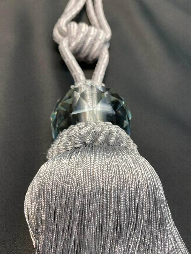 Silver Crystal Tassel Curtain Tiebacks Polyester Cotton Fabric - Silver, Double-Corded, 31" Length (1 Pair)