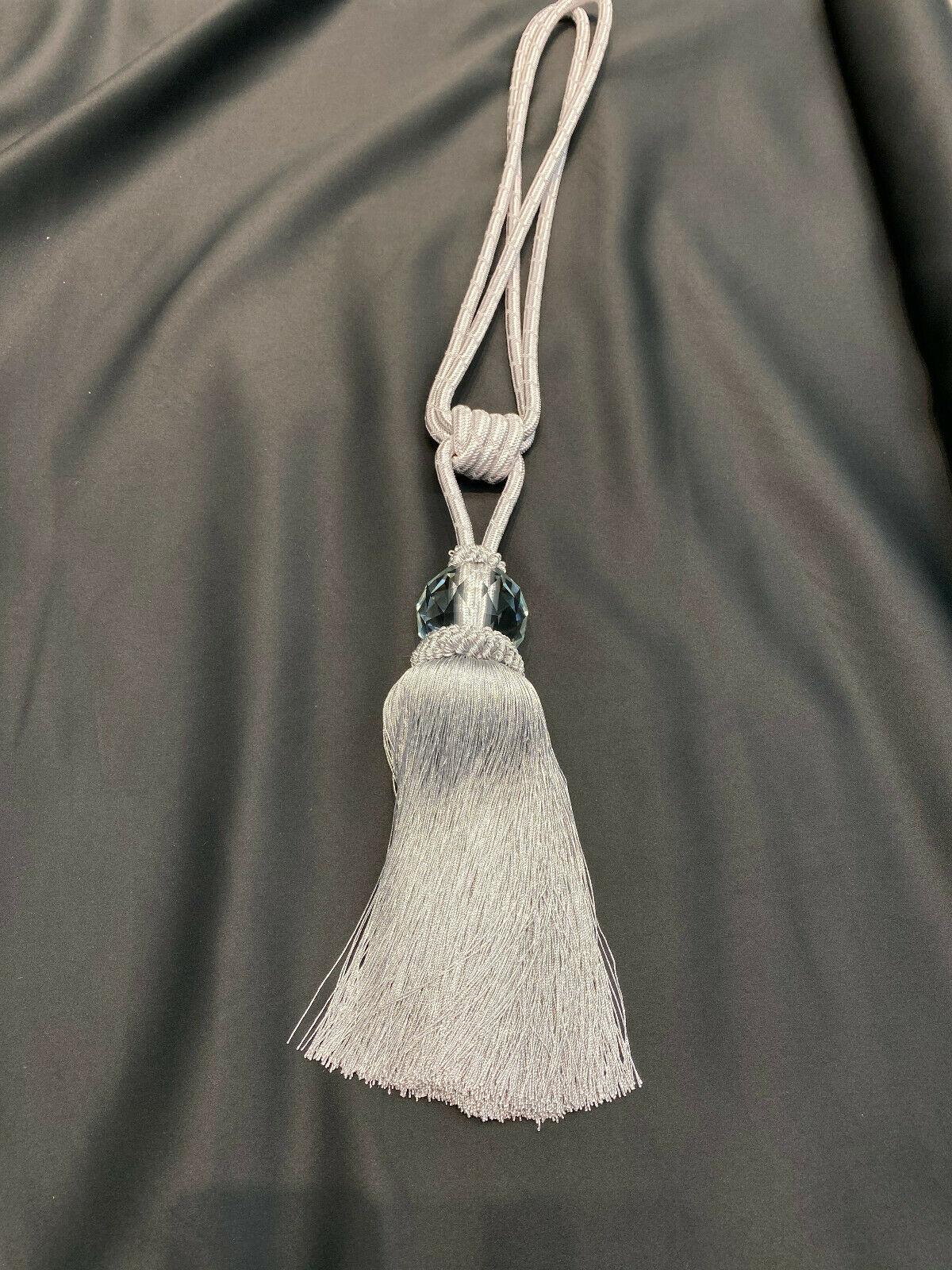 Silver Crystal Tassel Curtain Tiebacks Polyester Cotton Fabric - Silver, Double-Corded, 31" Length (1 Pair)