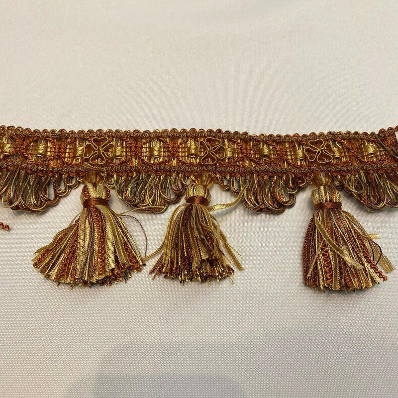 Delta Tassel Fringe Fabric - Rust Orange/Beige, 3.5" Vertical, 27 Yard Roll (1 Yard)