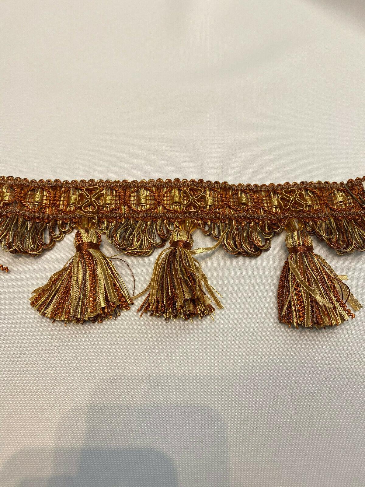 Delta Tassel Fringe Fabric - Rust Orange/Beige, 3.5" Vertical, 27 Yard Roll (1 Yard)