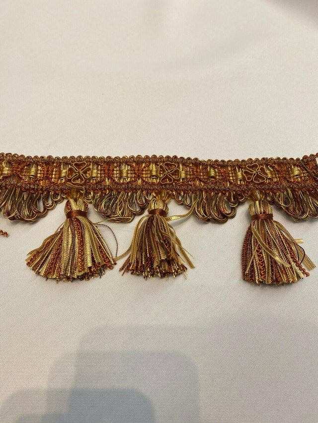 Delta Tassel Fringe Fabric - Rust Orange/Beige, 3.5" Vertical, 27 Yard Roll (1 Yard)