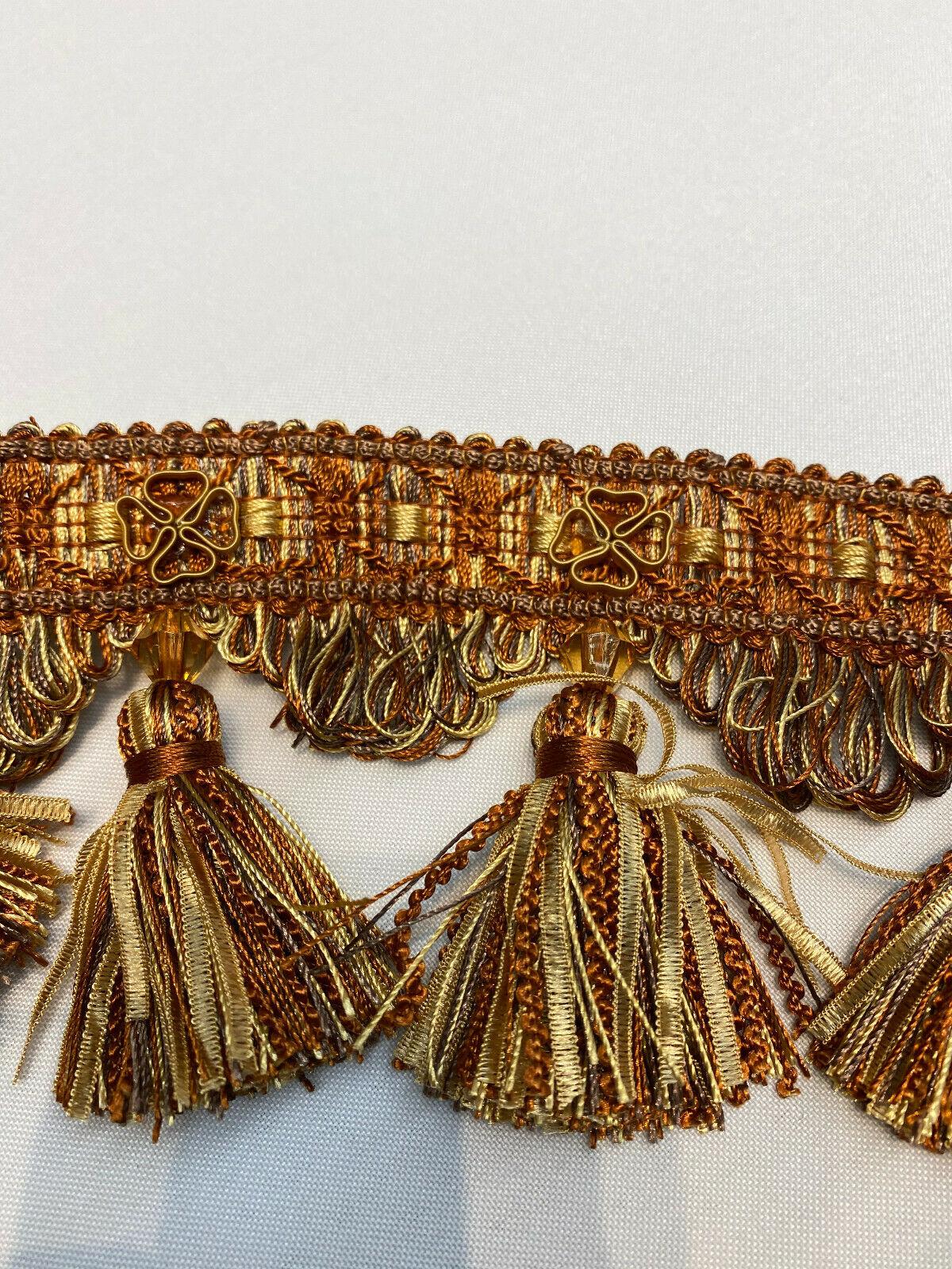 Delta Tassel Fringe Fabric - Rust Orange/Beige, 3.5" Vertical, 27 Yard Roll (1 Yard)