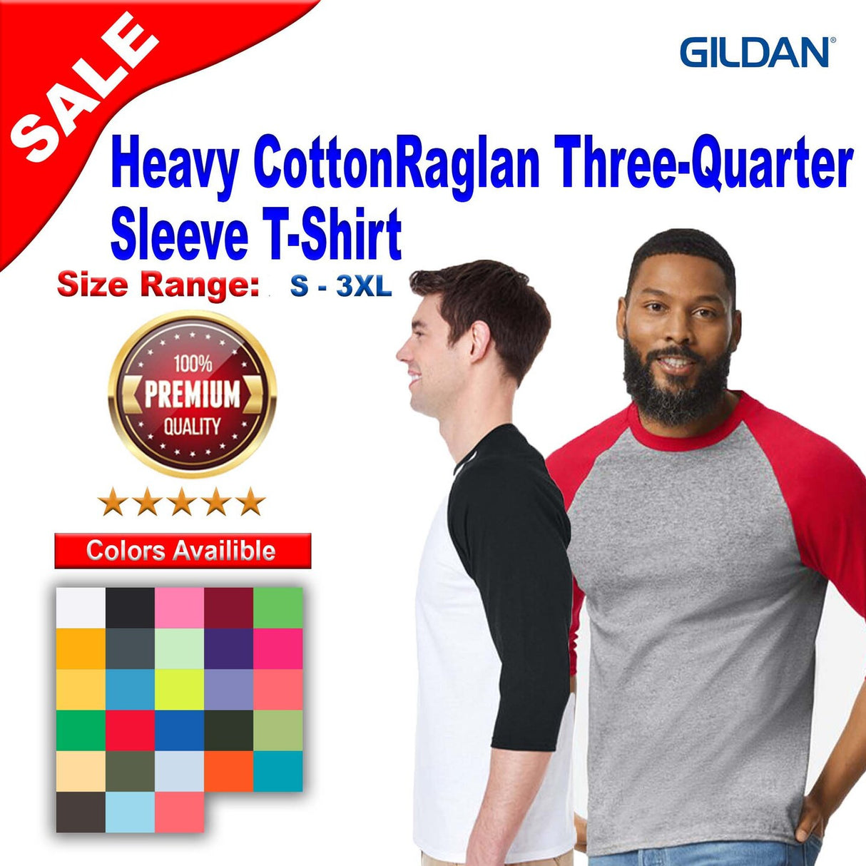 Gildan® Heavy Cotton Raglan Crewneck Three-Quarter Sleeve T-Shirt