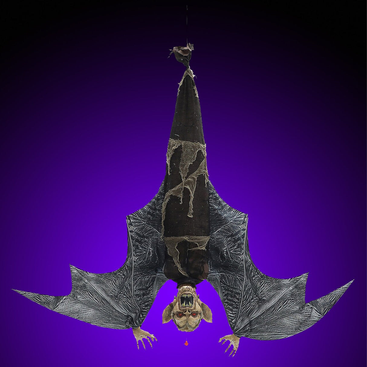 46" Menacing Hanging Bat Prop LED Eyes, Screeching Sounds, Moving Wings, Battery Operated Halloween Decor