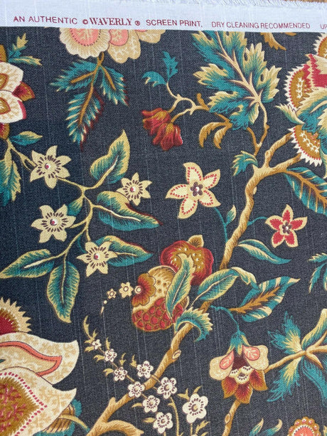 Imperial Dress Noir Onyx 100 Percent Cotton Fabric - Black, Green, Beige, Gold, Red Floral, 54" Width (1 Yard)