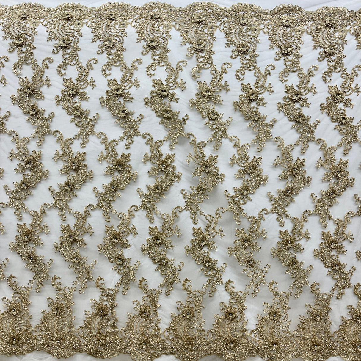 Beaded 3D Floral Lace Fabric - Embroidered 100 Percent Polyester Net Mesh, 3D Floral Beaded Design, 52" Wide (1 Yard)