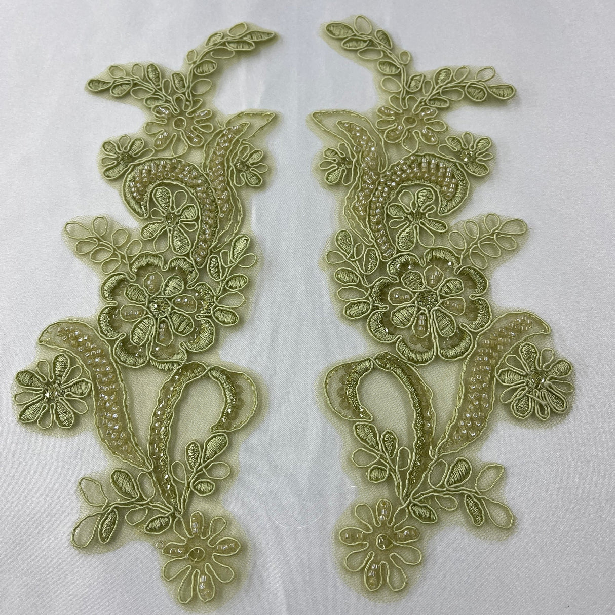 1 Pair Beaded & Corded Floral Lace Applique 9" x 2.5" Each Side