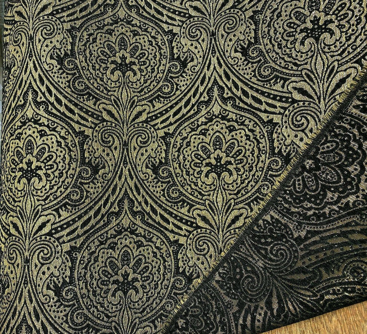 Medellin Damask Upholstery Fabric - Black Gold Damask, 58" Width, 14" Horizontal Repeat, 13" Vertical Repeat (1 Yard)