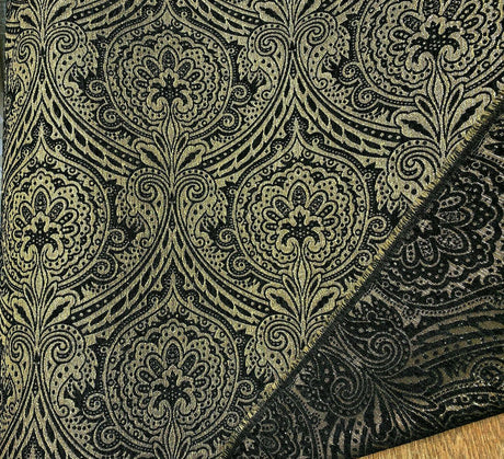 Medellin Damask Upholstery Fabric - Black Gold Damask, 58" Width, 14" Horizontal Repeat, 13" Vertical Repeat (1 Yard)