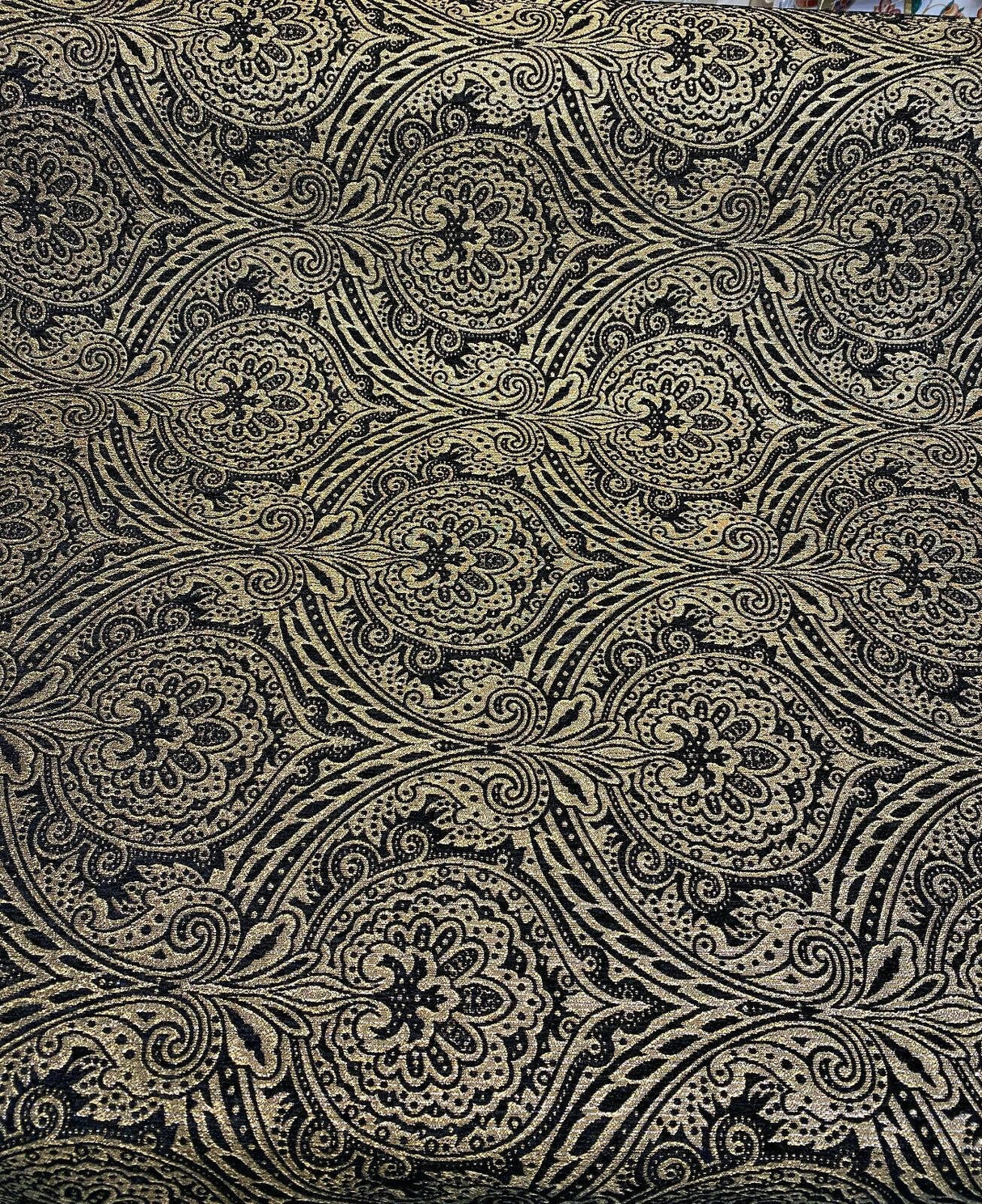 Medellin Damask Upholstery Fabric - Black Gold Damask, 58" Width, 14" Horizontal Repeat, 13" Vertical Repeat (1 Yard)