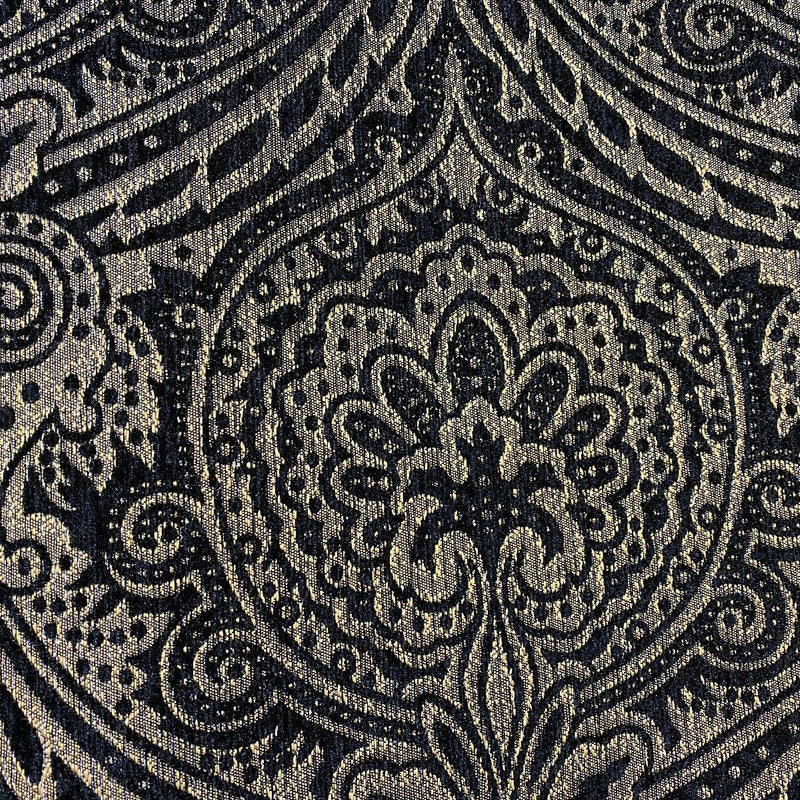 Medellin Damask Upholstery Fabric - Black Gold Damask, 58" Width, 14" Horizontal Repeat, 13" Vertical Repeat (1 Yard)