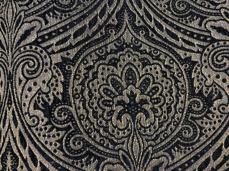 Medellin Damask Upholstery Fabric - Black Gold Damask, 58" Width, 14" Horizontal Repeat, 13" Vertical Repeat (1 Yard)