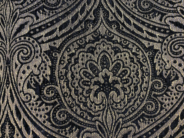 Medellin Damask Upholstery Fabric - Black Gold Damask, 58" Width, 14" Horizontal Repeat, 13" Vertical Repeat (1 Yard)