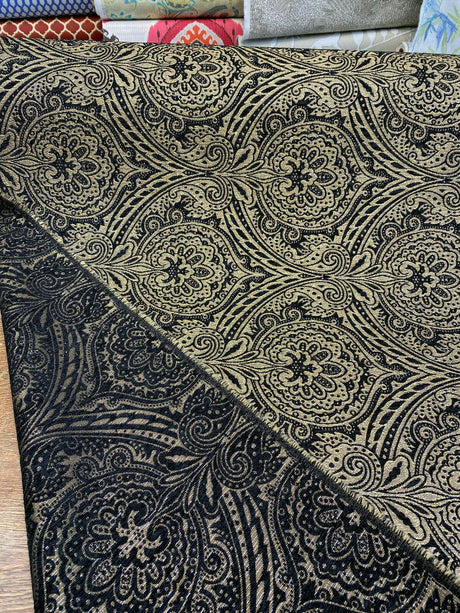Medellin Damask Upholstery Fabric - Black Gold Damask, 58" Width, 14" Horizontal Repeat, 13" Vertical Repeat (1 Yard)