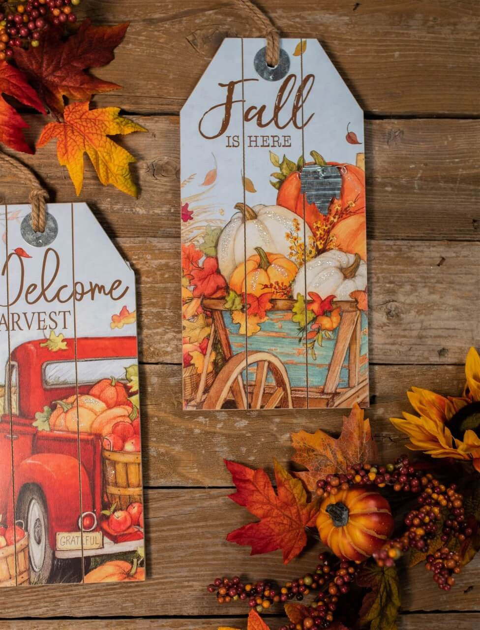 16 Inch Wood Harvest Wall Hanging Decor – Red Truck & Pumpkins