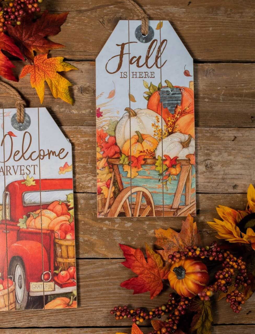 16” Wood Harvest Wall Hanging Decor Red Truck & Pumpkins