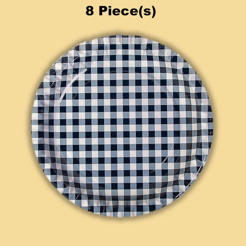 8 Ct. Navy Gingham Paper Dessert Plates 7" Rustic Party Checkered Plates